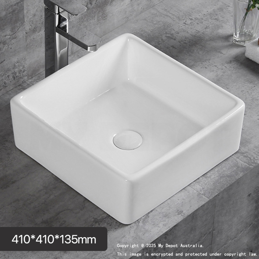 410mm Square Above Counter Basin Gloss White Ultra Slim Fine Ceramic Basin