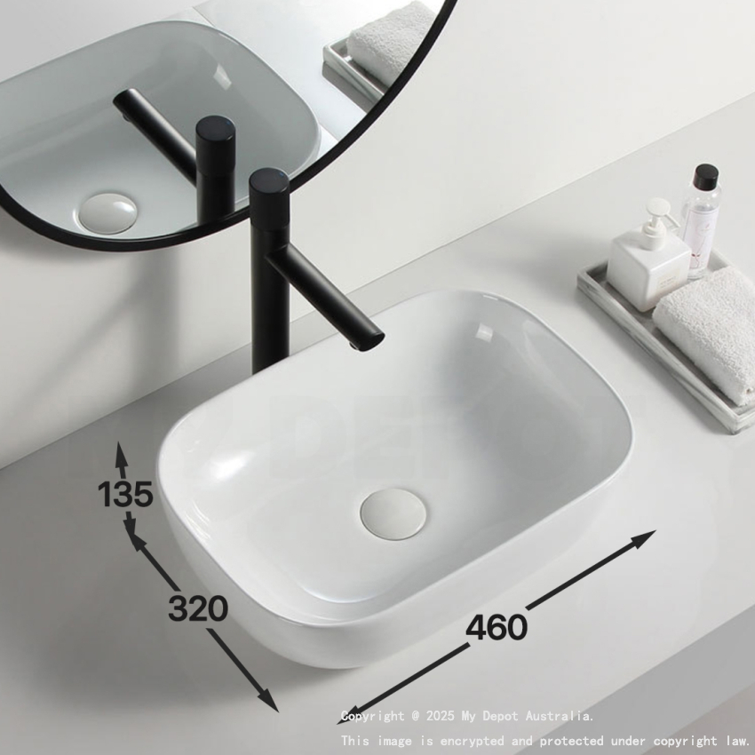 460mm Rectangle Gloss White Ceramic Above Counter Basin Non-overflow