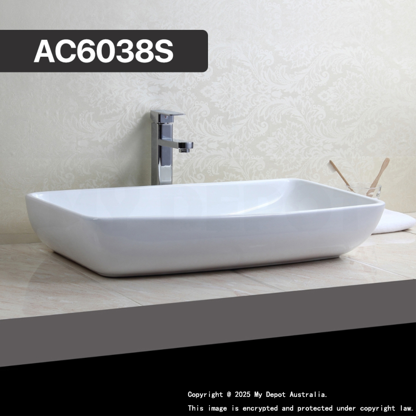 600mm Rectangle Gloss White Ceramic Above Counter Basin Non-overflow