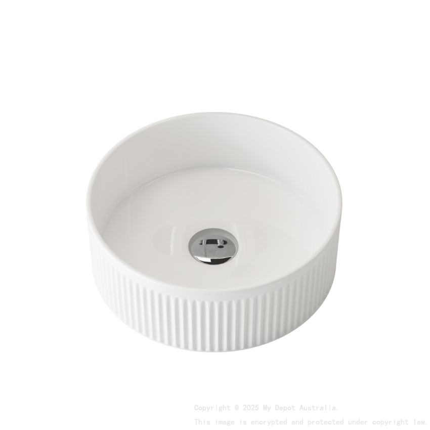 370mm Round Fluted Gloss White Ceramic Basin Ribbed Art Basin Above Counter Basin