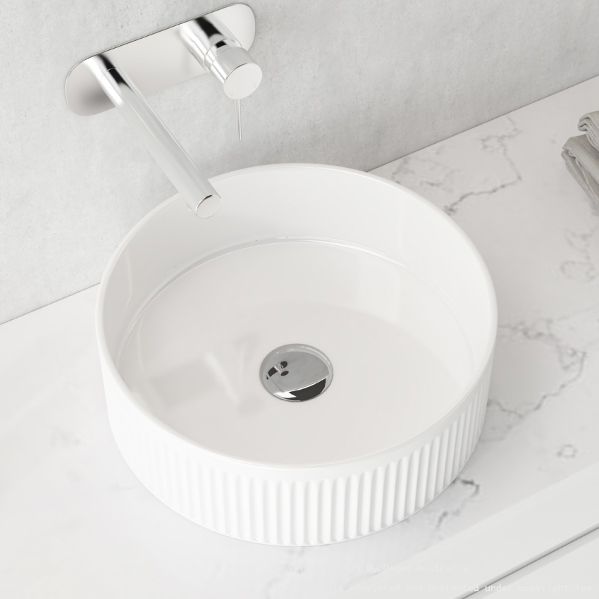 400mm Round Fluted Goss White Ceramic Basin Ribbed Art Basin Above Counter Basin