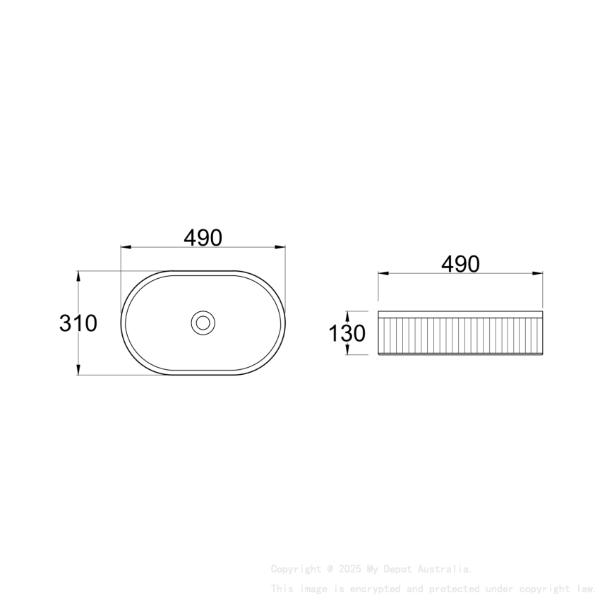 490mm Pill Fluted Gloss White Ceramic Basin Ribbed Art Basin Above Counter Basin