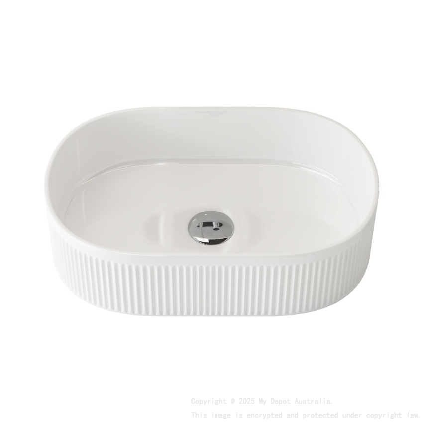 490mm Pill Fluted Gloss White Ceramic Basin Ribbed Art Basin Above Counter Basin