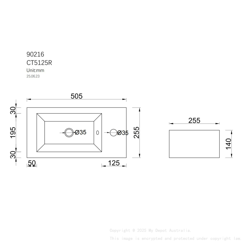 510L*255D*150Hmm Gloss White Ceramic Top Right Tap Hole