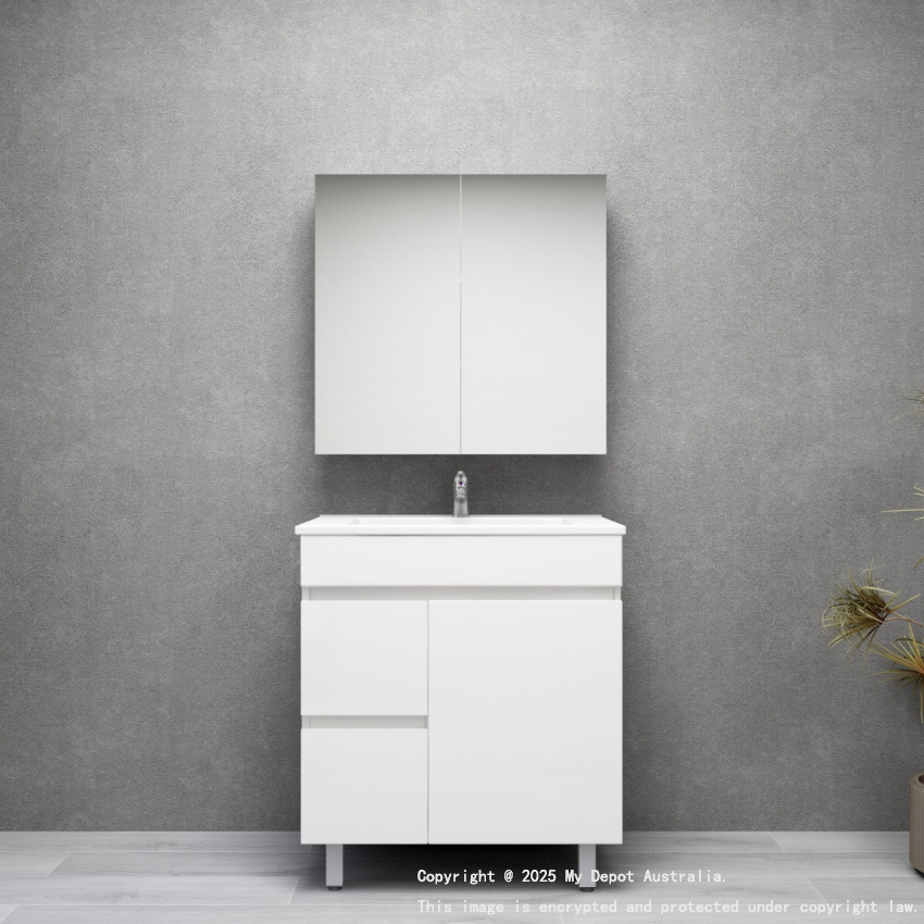 750MM Gloss White MDF Bathroom Vanity Left Drawers Free standing Cabinet Only