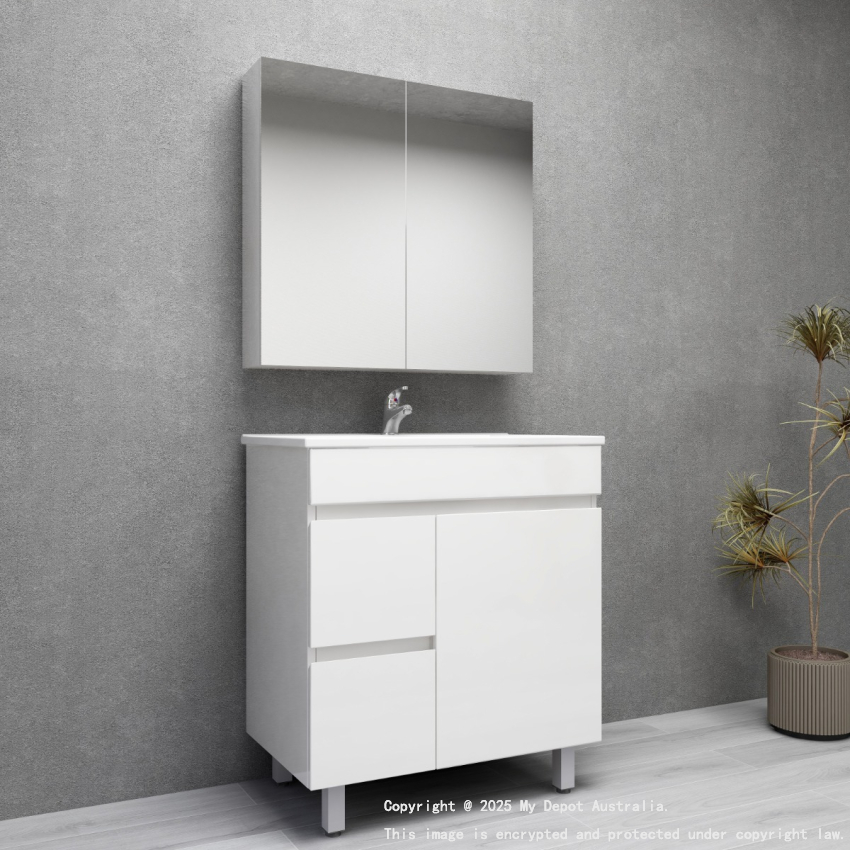 750MM Gloss White MDF Bathroom Vanity Left Drawers Free standing Cabinet Only