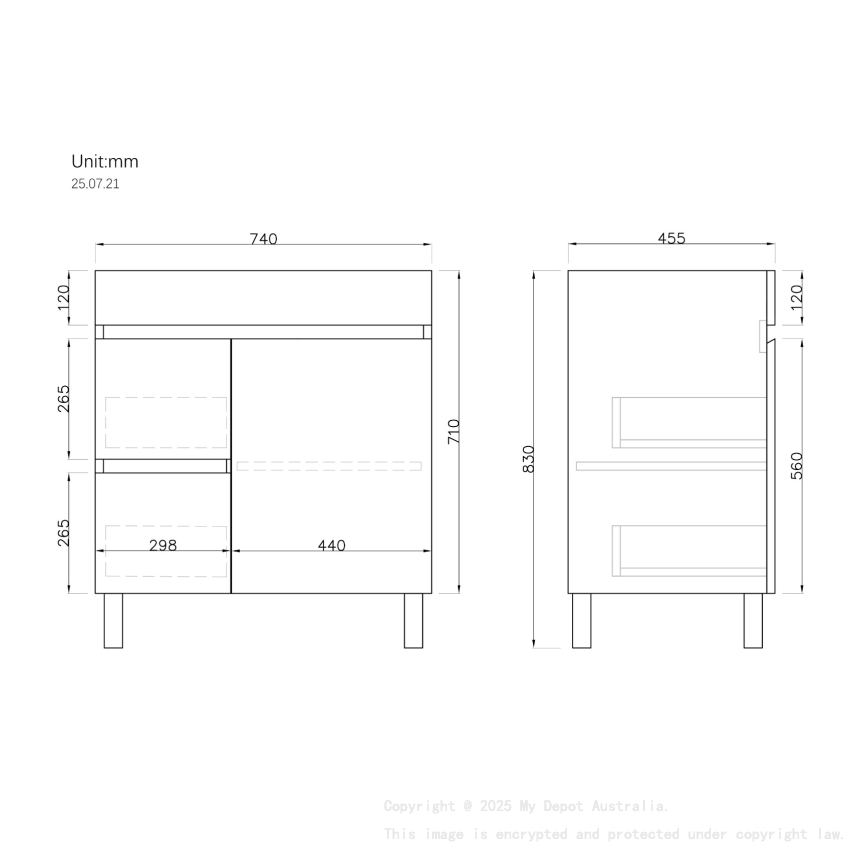 750MM Gloss White MDF Bathroom Vanity Left Drawers Free standing Cabinet Only