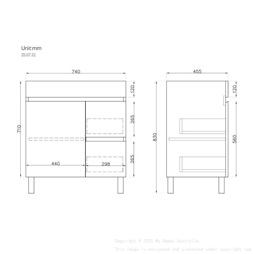 750MM Gloss White MDF Bathroom Vanity  Right Drawers Free standing Cabinet Only