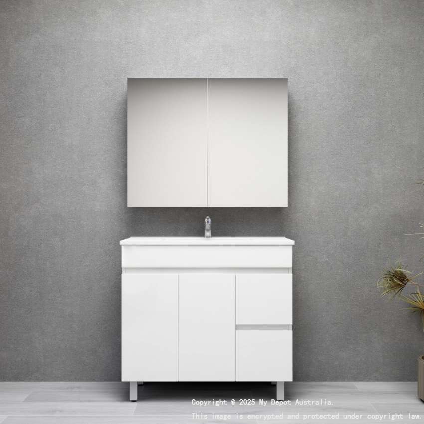 900MM Narrow Gloss White MDF Bathroom Vanity Right Drawers Free standing Cabinet Only