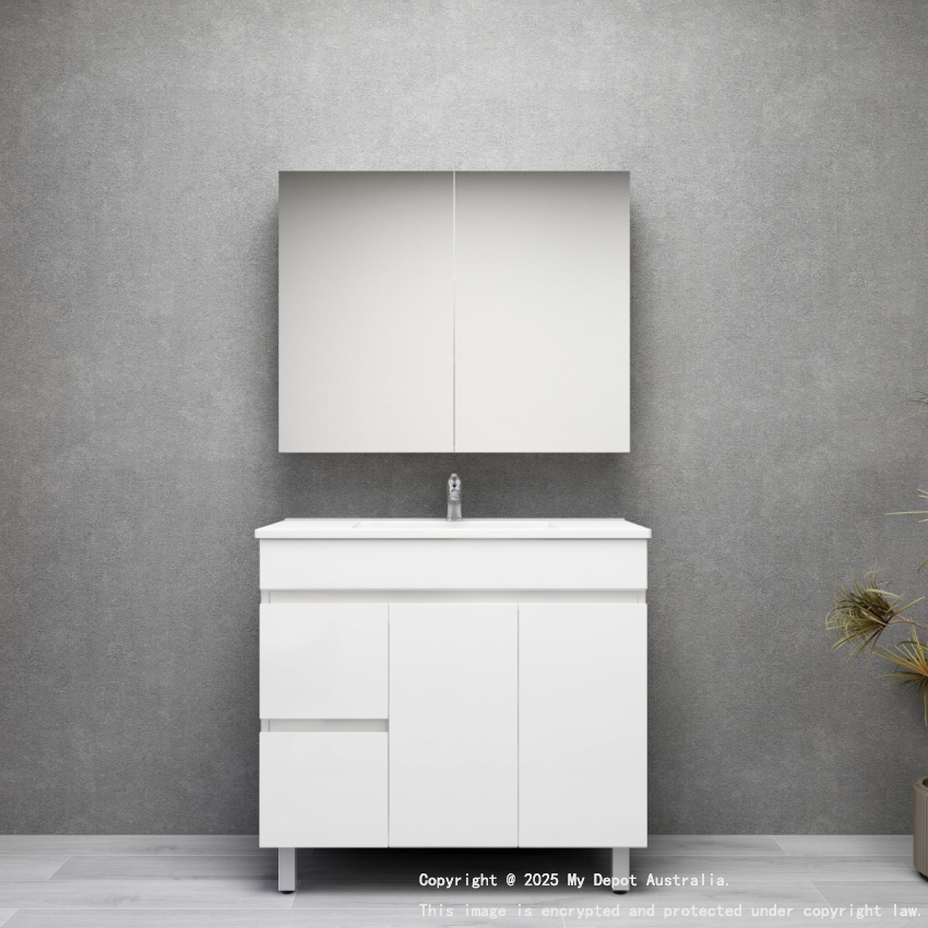 900MM Gloss White MDF Bathroom Vanity Left Drawers Free standing Cabinet Only