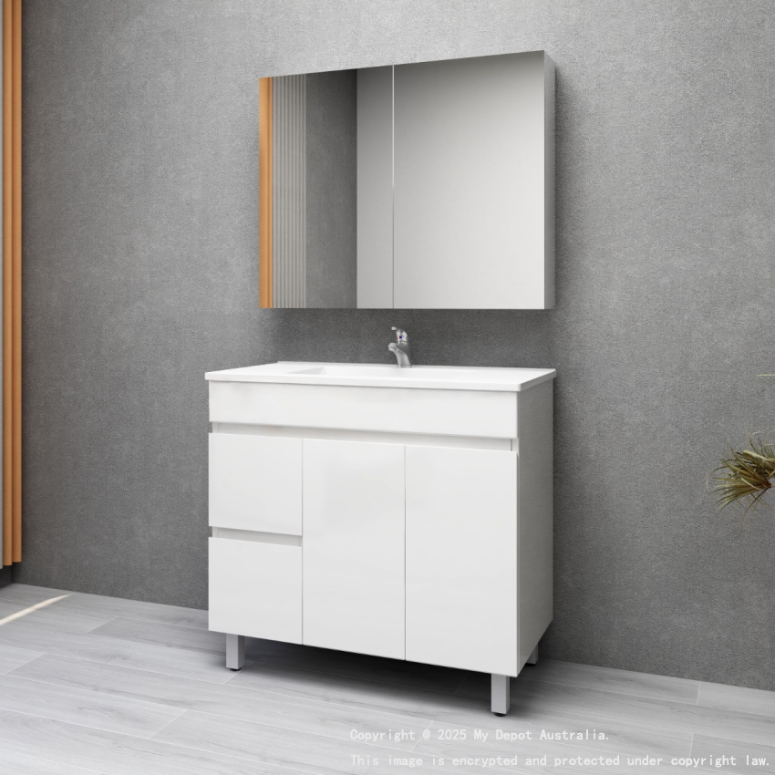 900MM Gloss White MDF Bathroom Vanity Left Drawers Free standing Cabinet Only