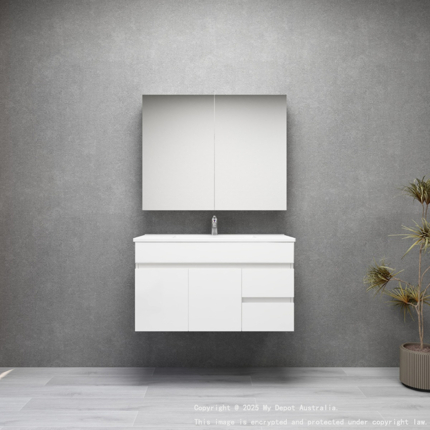 900MM Gloss White MDF Bathroom Vanity Right Drawers Wall Hung Cabinet Only
