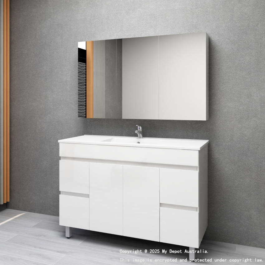 1200MM Gloss White MDF Bathroom Vanity 4 Side Drawers 2 Middle Doors Free standing Cabinet Only