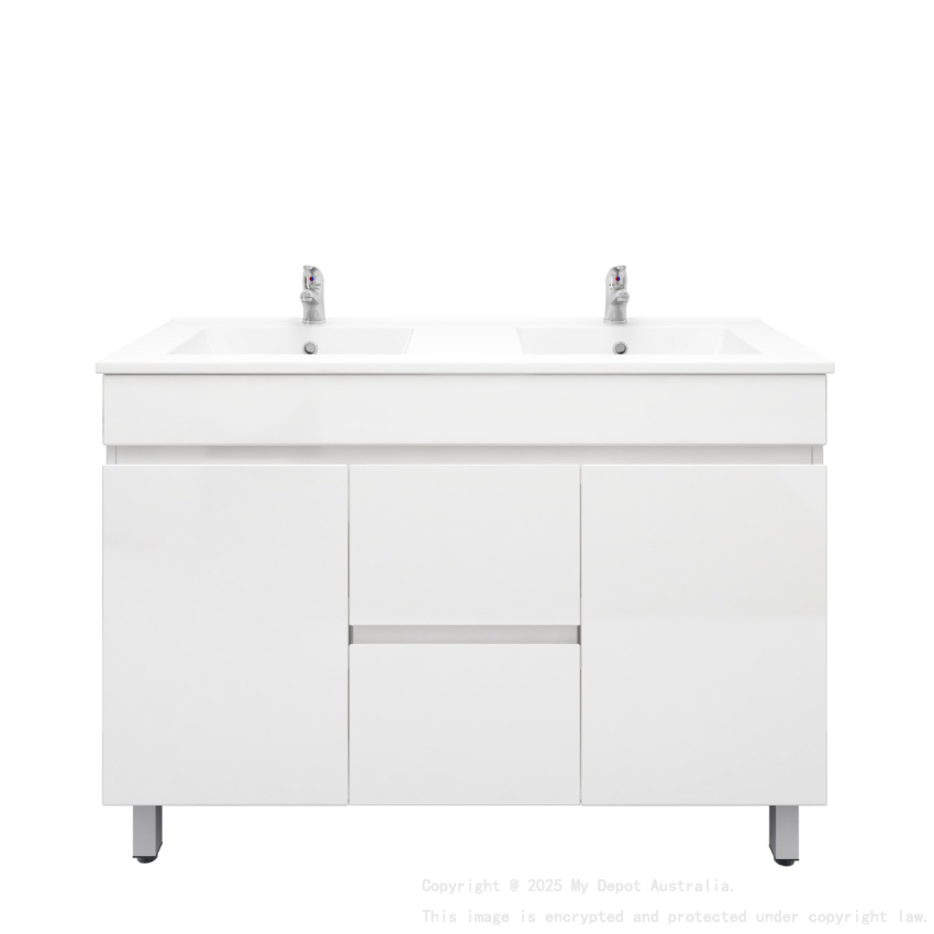 1200MM Gloss White MDF Bathroom Vanity 2 Middle Drawers 2 Side Doors Free standing Cabinet Only