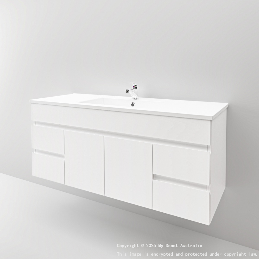 1200MM Gloss White MDF Bathroom Vanity 2 Middle Doors 4 Side Drawers Wall Hung Cabinet Only