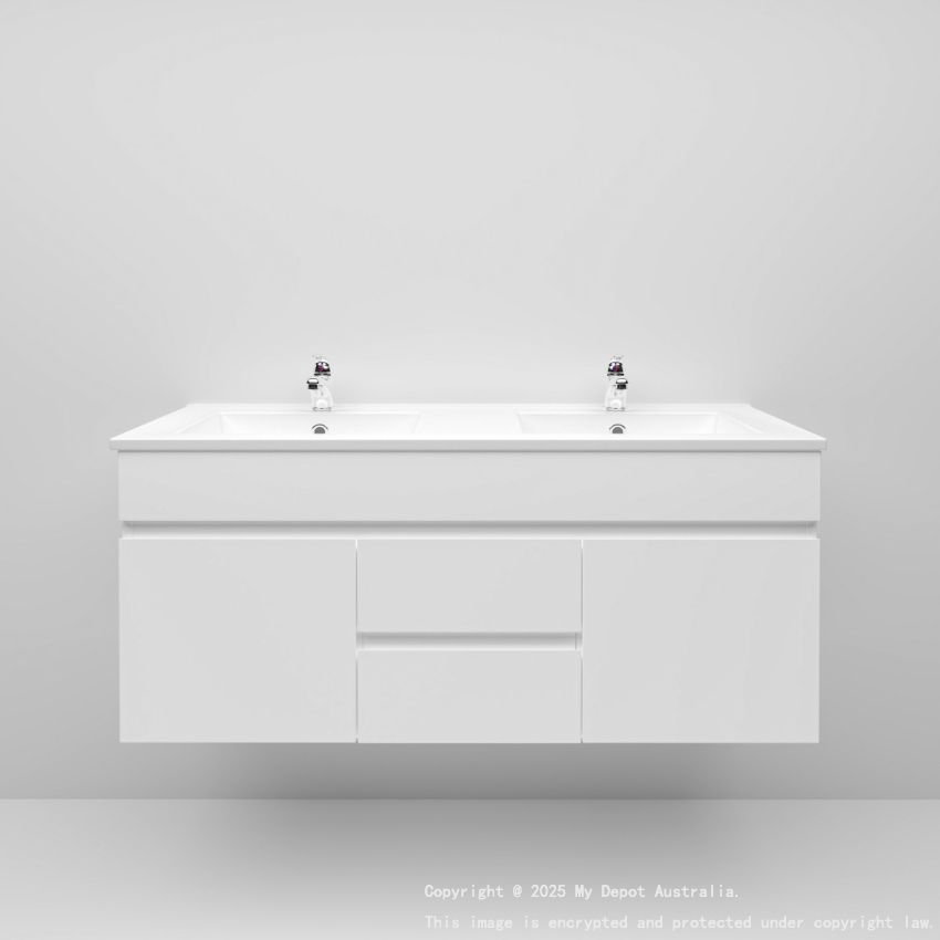 1200MM Gloss White MDF Bathroom Vanity 2 Middle Drawers 2 Side Doors Wall Hung Cabinet Only