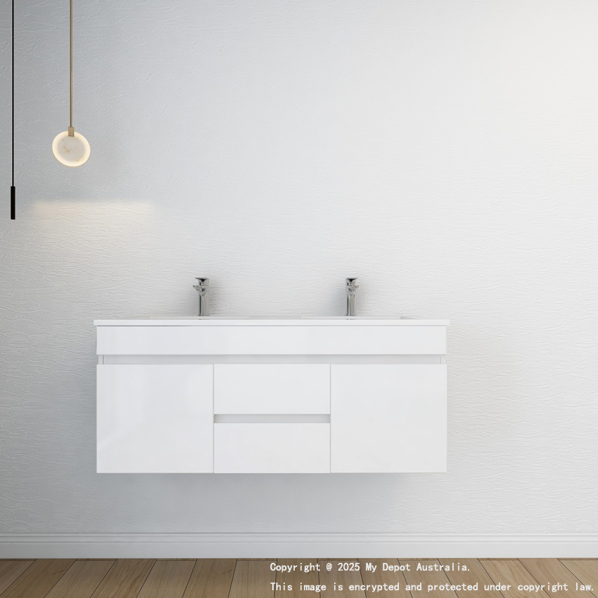 1200MM Gloss White MDF Bathroom Vanity 2 Middle Drawers 2 Side Doors Wall Hung Cabinet Only