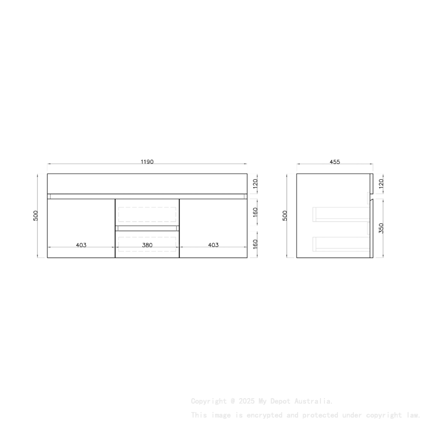 1200MM Gloss White MDF Bathroom Vanity 2 Middle Drawers 2 Side Doors Wall Hung Cabinet Only