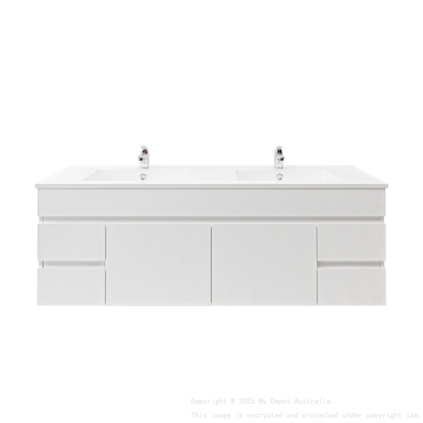 1500MM Gloss White MDF Bathroom Vanity 4 Side Drawers 2 Middle Doors Wall Hung Cabinet Only