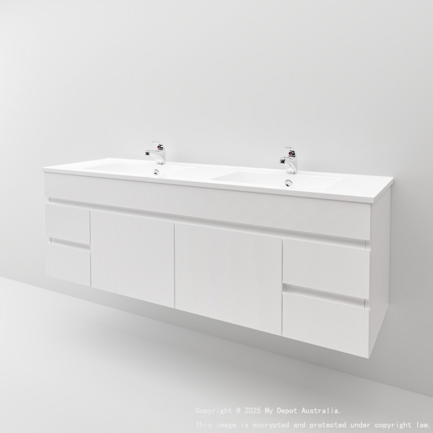 1500MM Gloss White MDF Bathroom Vanity 4 Side Drawers 2 Middle Doors Wall Hung Cabinet Only
