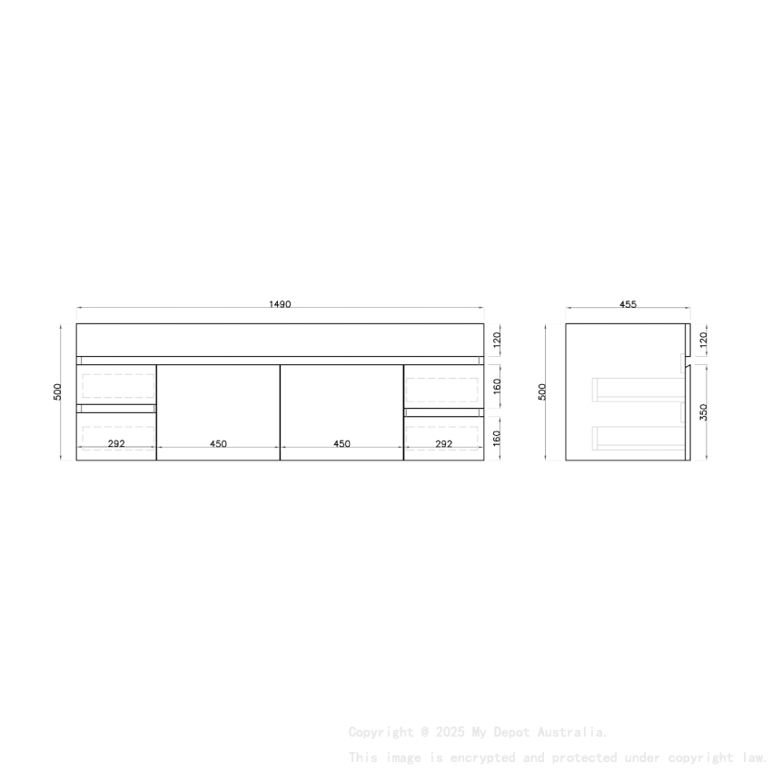 1500MM Gloss White MDF Bathroom Vanity 4 Side Drawers 2 Middle Doors Wall Hung Cabinet Only