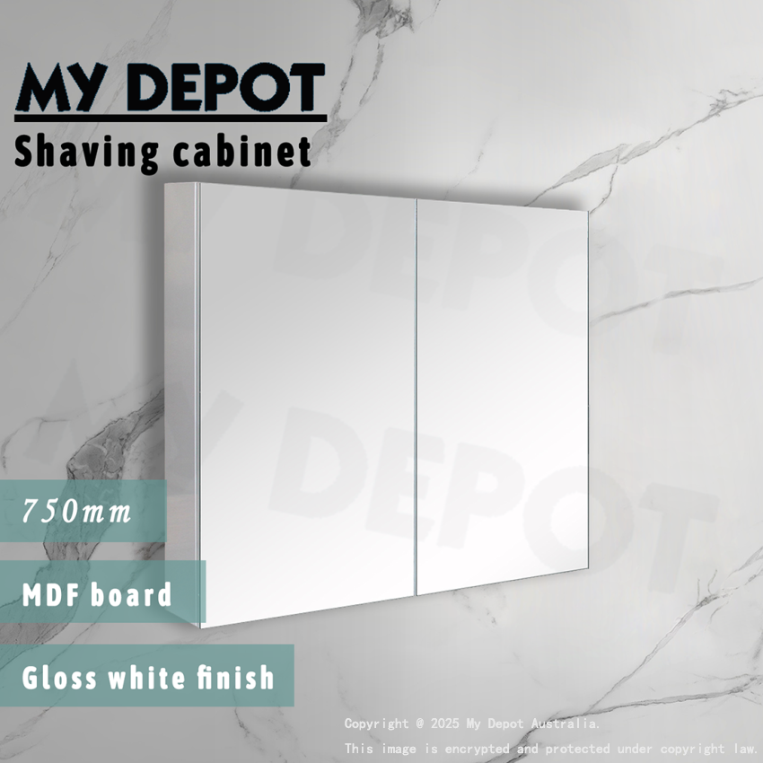 750MM Pencil Edge Gloss White MDF Shaving Cabinet 2 Doors