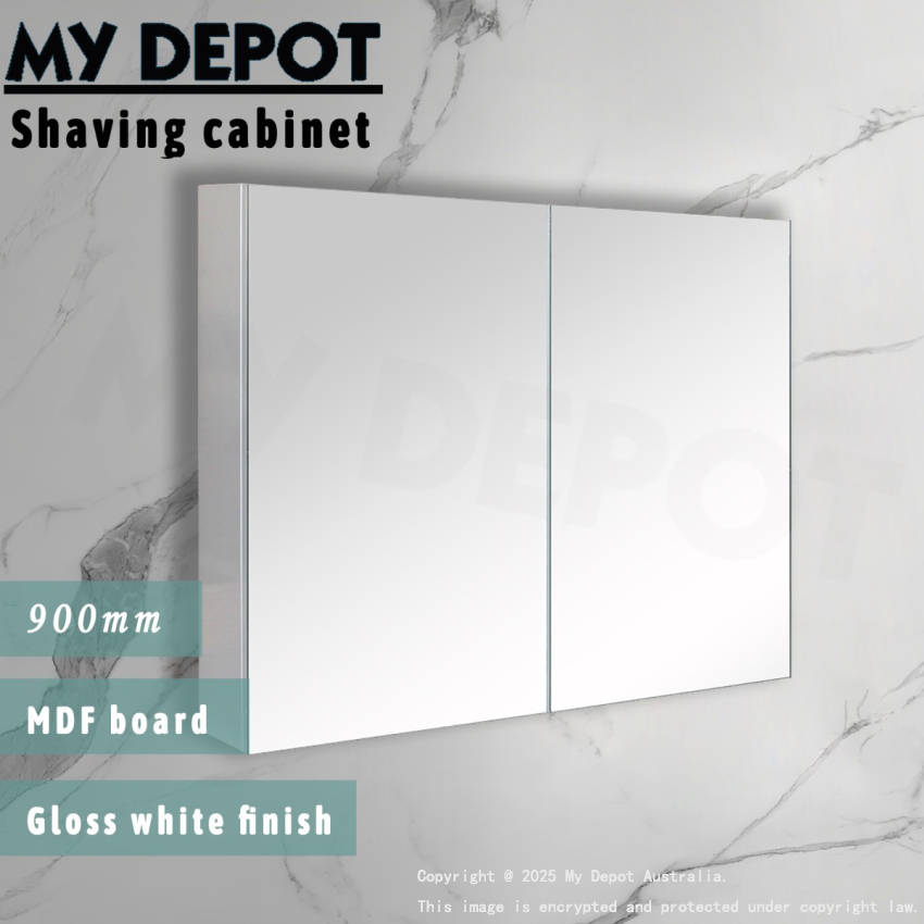 900MM Pencil Edge Gloss White MDF Shaving Cabinet 2 Doors
