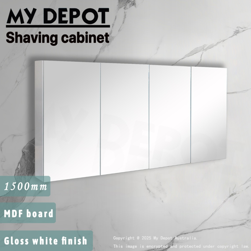 1500MM Pencil Edge Gloss White MDF Shaving Cabinet 4 Doors