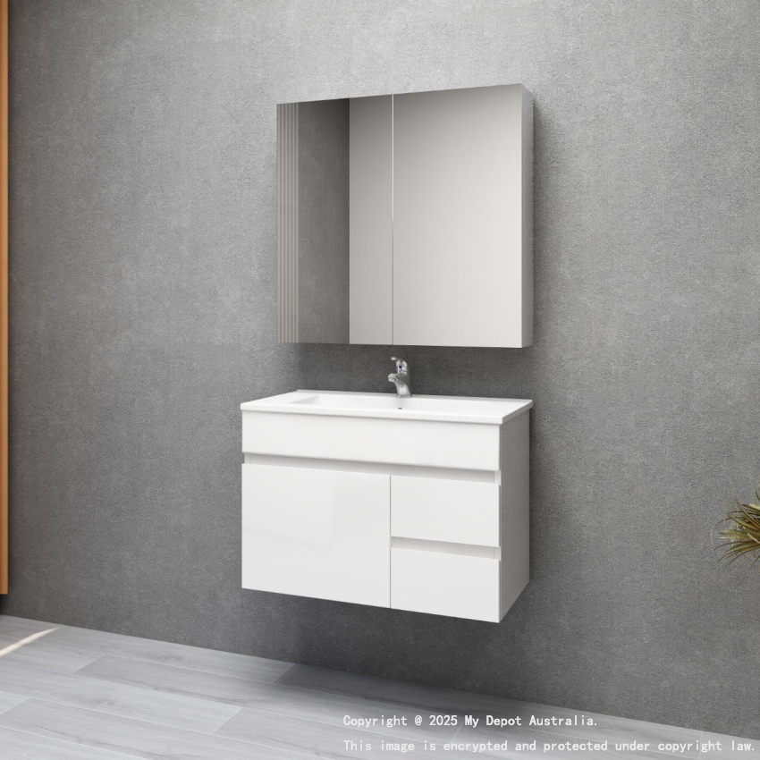 750MM Narrow Gloss White MDF Bathroom Vanity Right Drawers Wall Hung Cabinet Only 