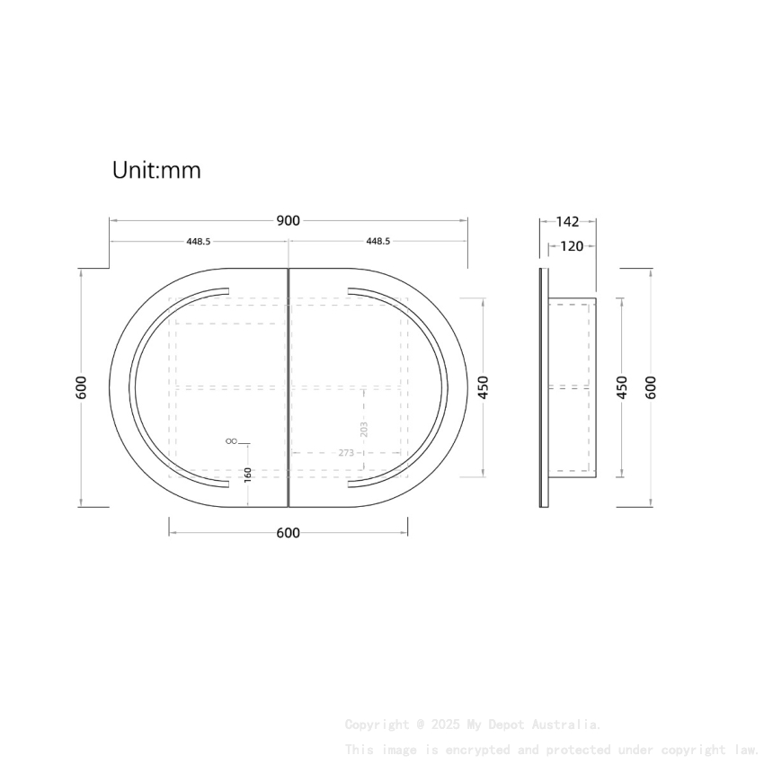 900mm Oval Matte White MDF 2/DR Shaving Cabinet With LED Lighting