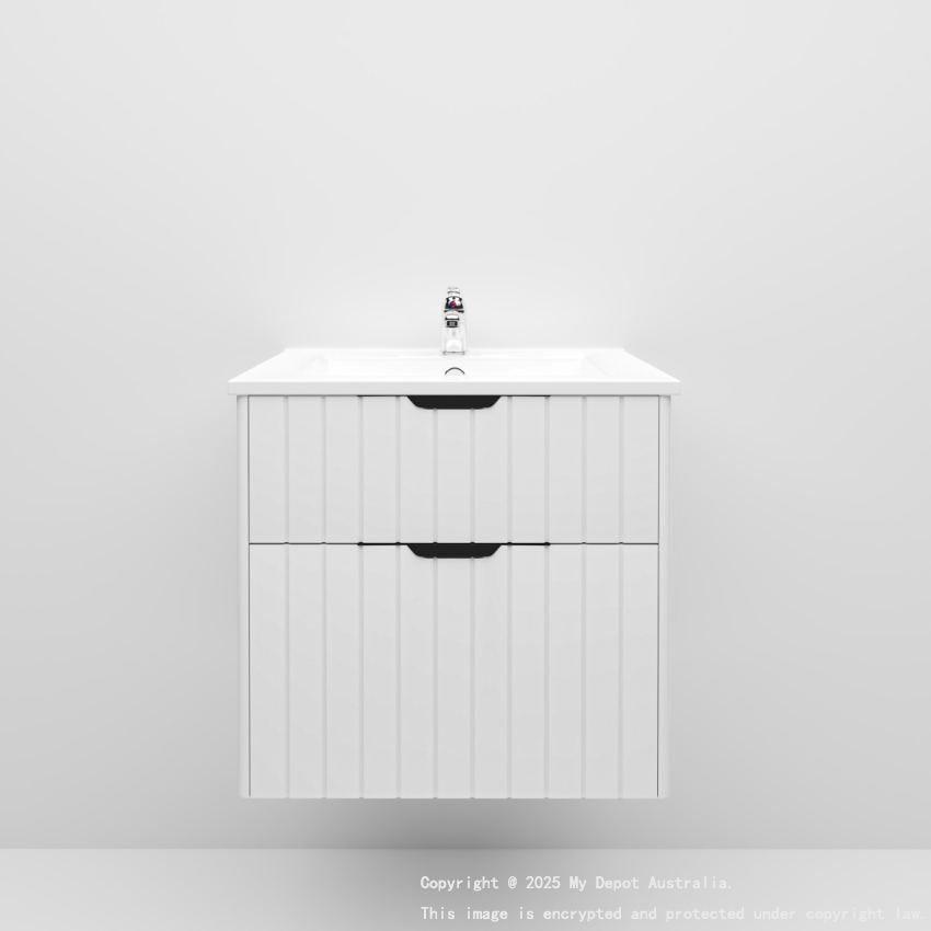 600mm Wall Hung Grooved Bathroom Vanity Matte White Finish 2 PAC Coating MDF Board Cabinet Only