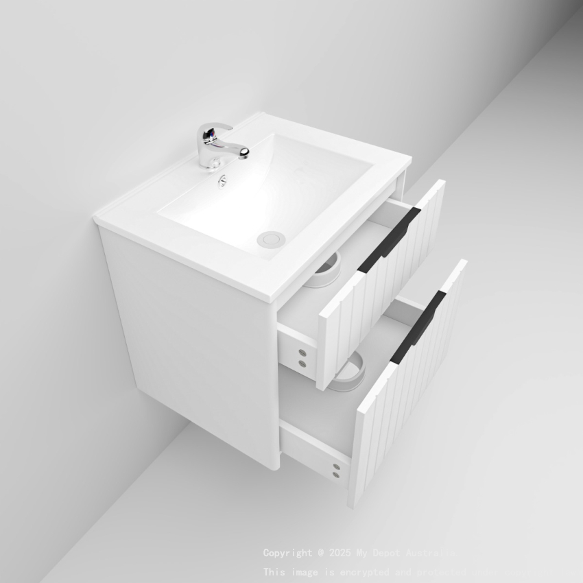 600mm Wall Hung Grooved Bathroom Vanity Matte White Finish 2 PAC Coating MDF Board Cabinet Only