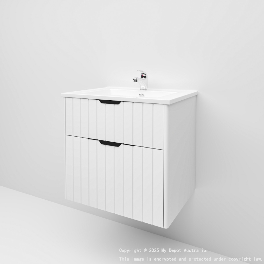 600mm Wall Hung Grooved Bathroom Vanity Matte White Finish 2 PAC Coating MDF Board Cabinet Only