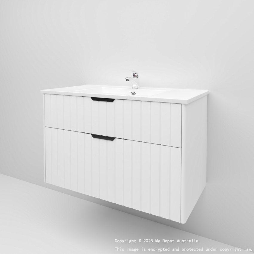 900mm Wall Hung Grooved Bathroom Vanity Matte White Finish 2 PAC Coating MDF Board Cabinet Only 