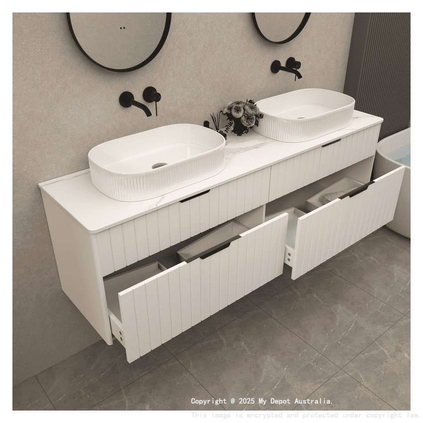 1800mm Wall Hung Grooved Bathroom Vanity Matte White Finish 2 PAC Coating MDF Board Cabinet Only 