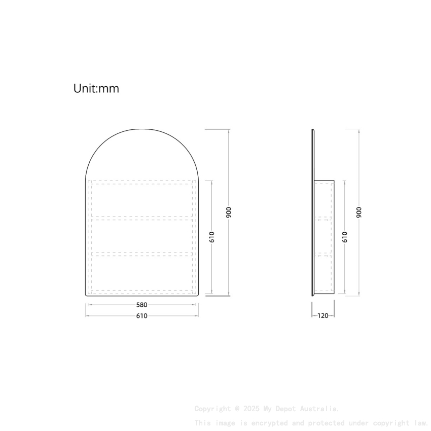 600x900mm Arched Matte White 2PAC MDF 1 Right Hand Side Hinged Door Shaving Cabinet