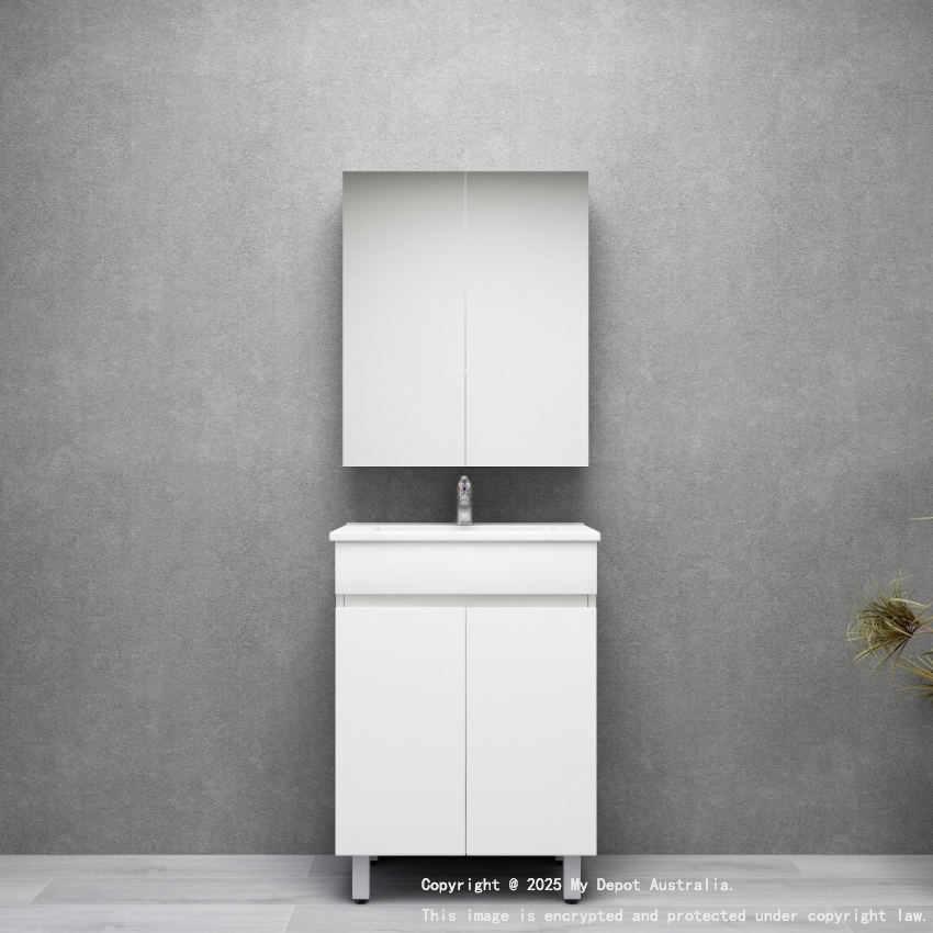 600MM Narrow Gloss White PVC Bathroom Vanity 2 Doors Free standing Cabinet Only 