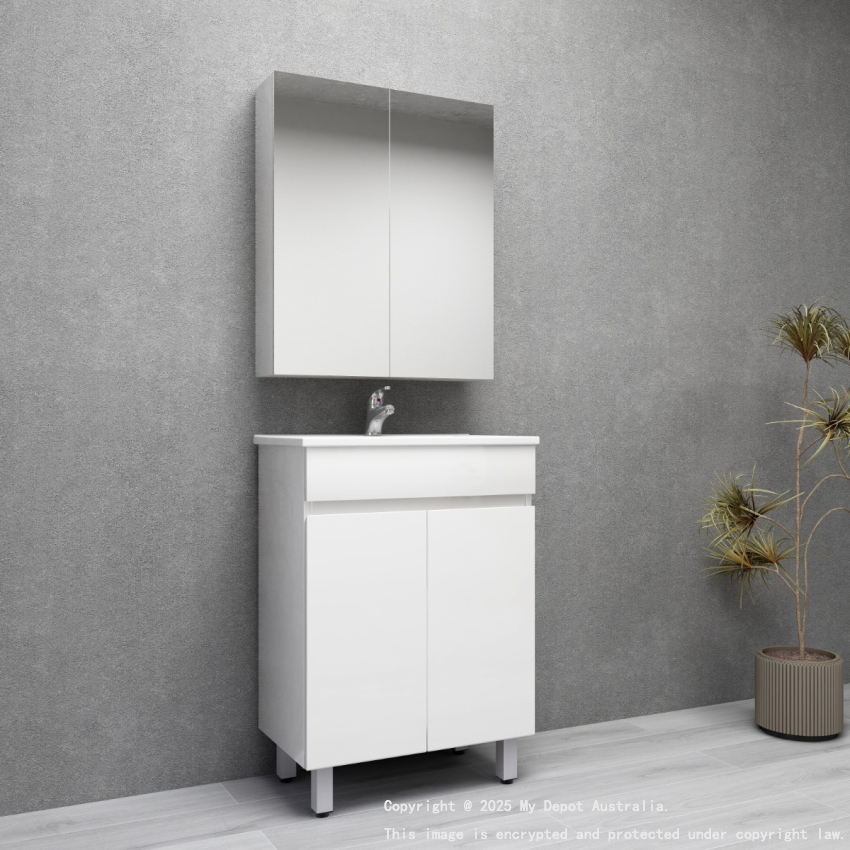 600MM Narrow Gloss White PVC Bathroom Vanity 2 Doors Free standing Cabinet Only 