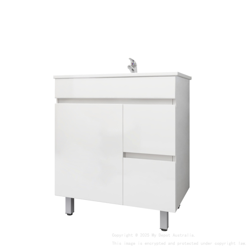 750MM Narrow Gloss White PVC Bathroom Vanity Right Drawers Free standing Cabinet Only