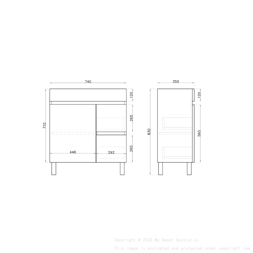 750MM Narrow Gloss White PVC Bathroom Vanity Right Drawers Free standing Cabinet Only