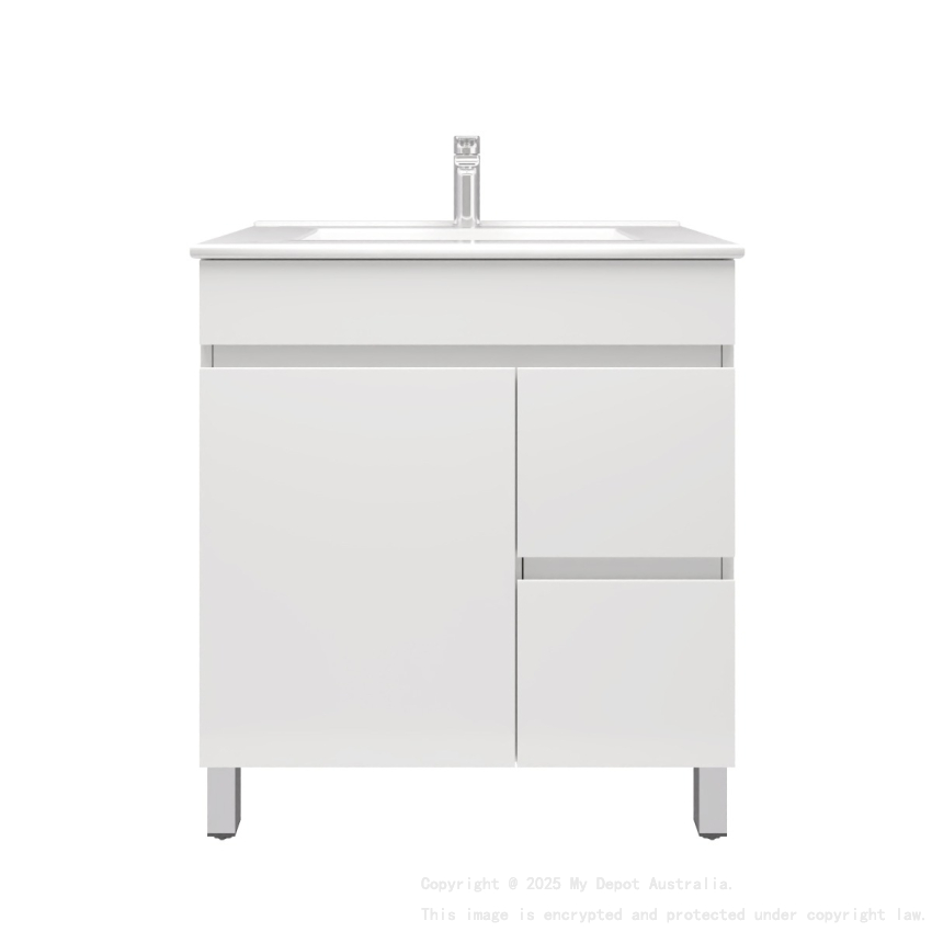 750*350*710mm Freestangding Gloss White Slim PVC Vanity Cabinet Only Right Drawer