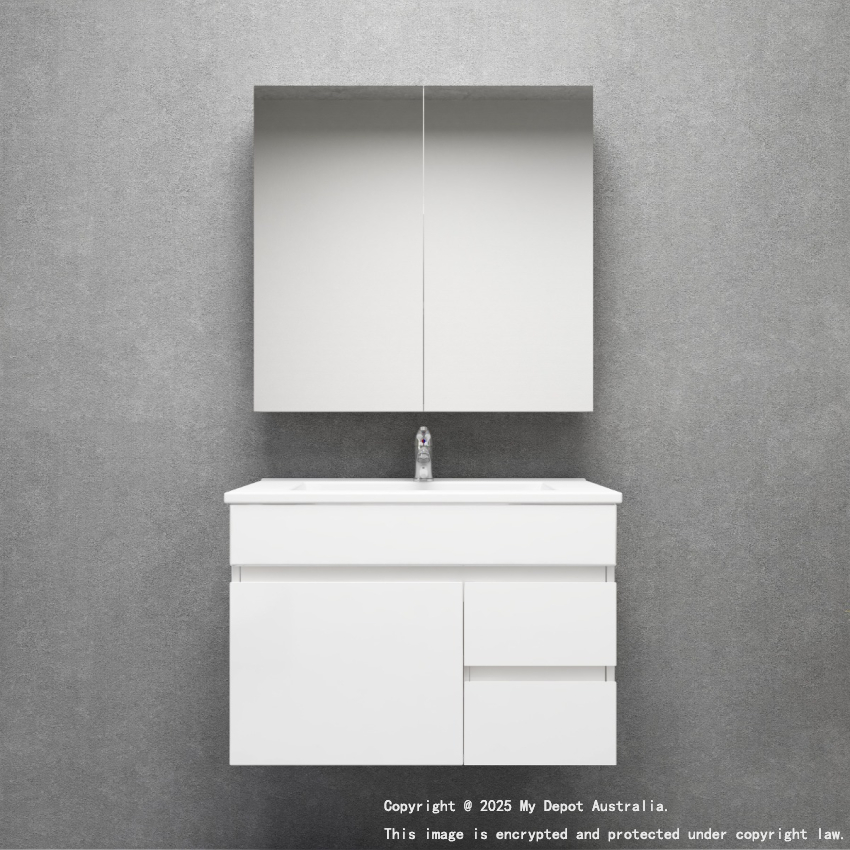 750MM Gloss White PVC Bathroom Vanity Right Drawers Wall Hung Cabinet Only 