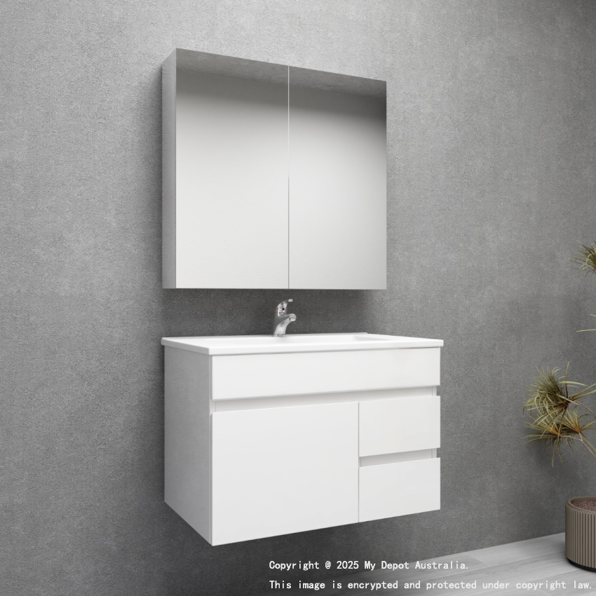 750MM Gloss White PVC Bathroom Vanity Right Drawers Wall Hung Cabinet Only 