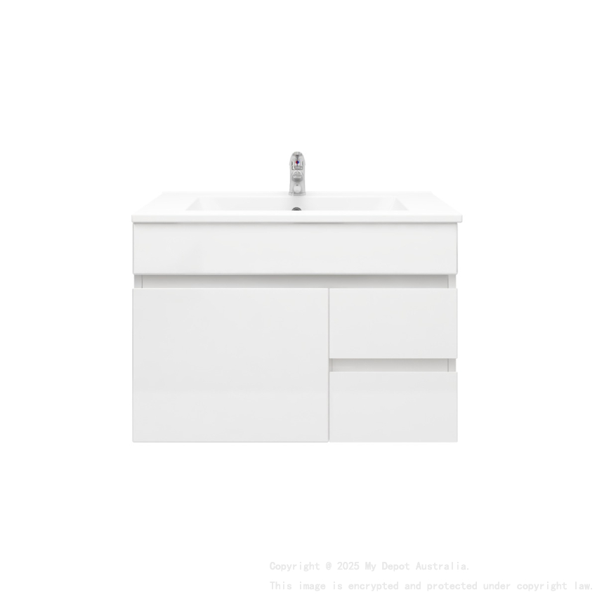 750MM Gloss White PVC Bathroom Vanity Right Drawers Wall Hung Cabinet Only 