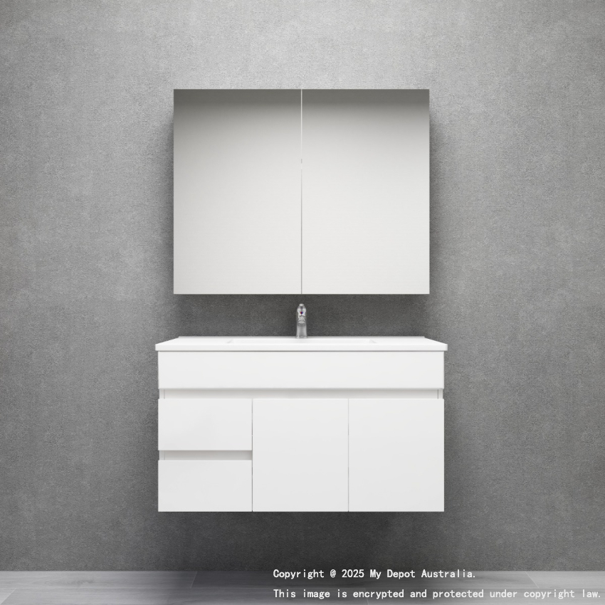 900MM Gloss White PVC Bathroom Vanity Left Drawers Wall Hung Cabinet Only