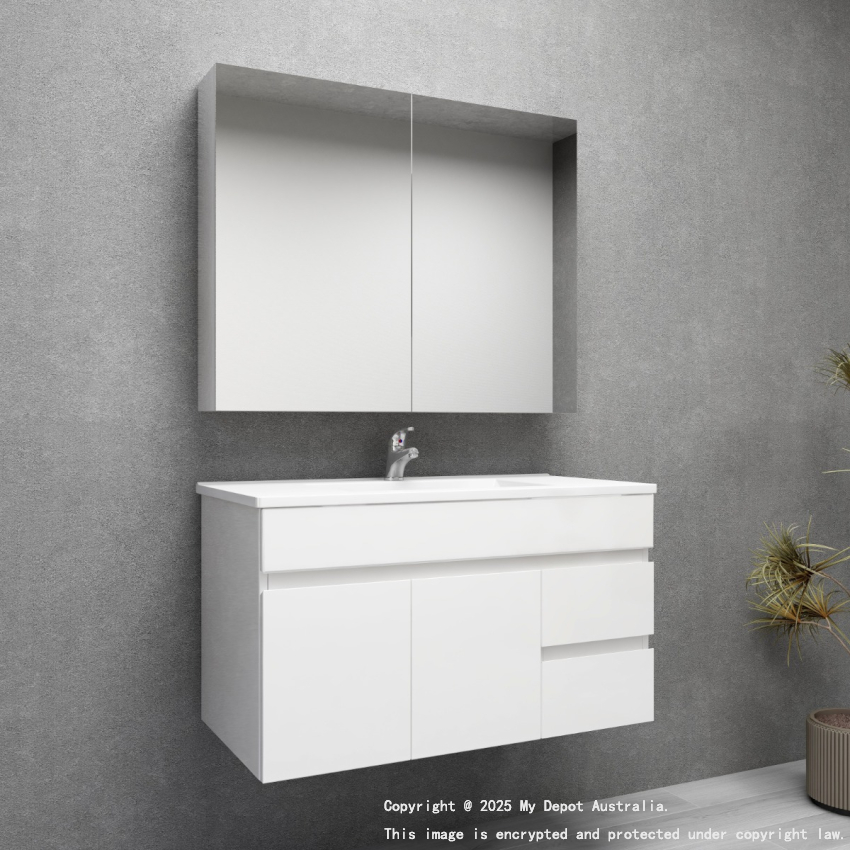 900MM Gloss White PVC Bathroom Vanity Right Drawers Wall Hung Cabinet Only