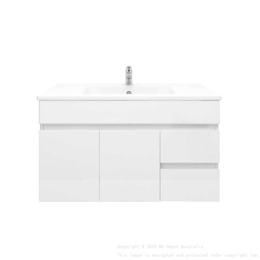 900MM Gloss White PVC Bathroom Vanity Right Drawers Wall Hung Cabinet Only