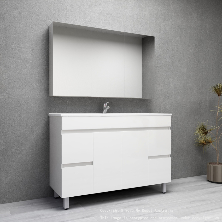 1200MM Gloss White PVC Bathroom Vanity 4 Side Drawers 2 Middle Doors Free standing Cabinet Only