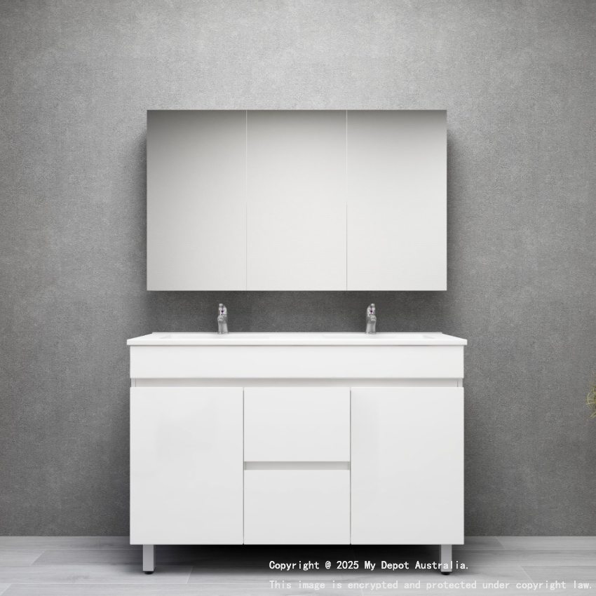 1200MM Gloss White PVC Bathroom Vanity 2 Middle Drawers 2 Side Doors Free standing Cabinet Only