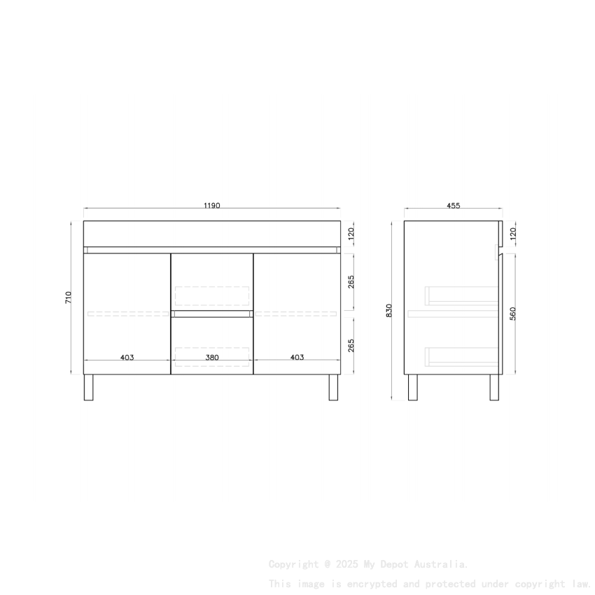 1200MM Gloss White PVC Bathroom Vanity 2 Middle Drawers 2 Side Doors Free standing Cabinet Only